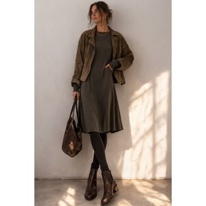 Vince Soft Draped Olive Long-Sleeve Midi Dress Rayon-blend Stretch Soft - Medium